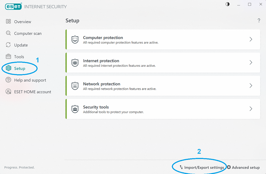 در صورت باز بودن محیط آنتی ویروس کافی است به بخش نشان داده شده رفته تا به ابزار وارد سازی تنظیمات دسترسی پیدا کنید.