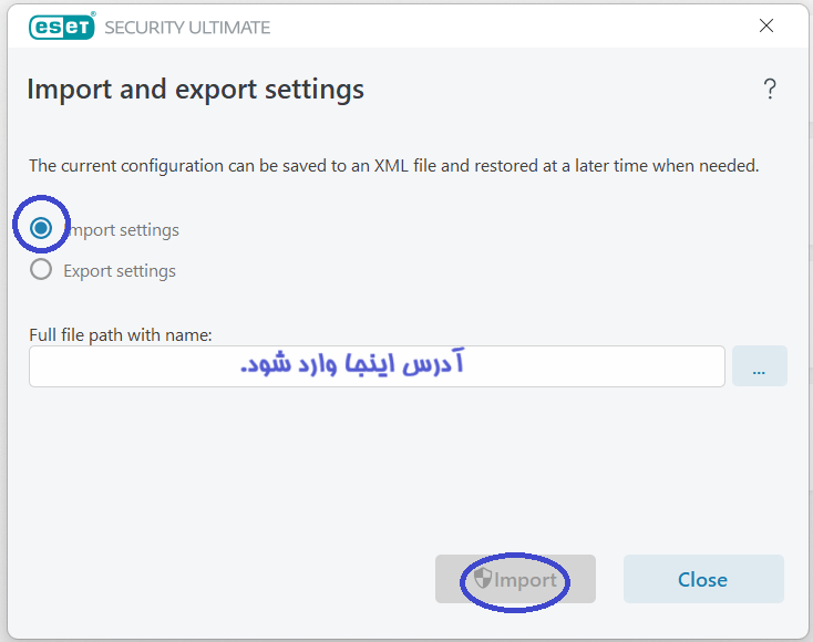 فایل تنظیمات را با زدن دکمه "..." در کنار آن انتخاب و وارد کنید.