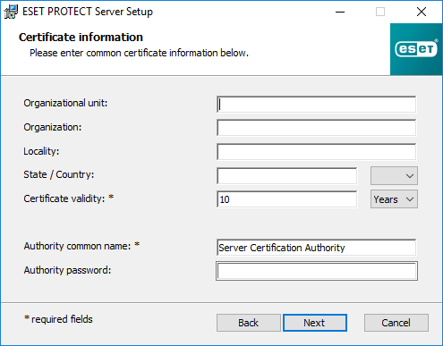 برای برقراری امن اتصال بین سرور و کلاینت ها از یک ssl certificate استفاده می شود.موارد پیش فرض تعیین شدند تنها کافی است گزینه next را بفشارید. بدهی است چنانچه برای مقدار authority password رمزی تعیین کردید می بایست آن را بخاطر بسپارید.