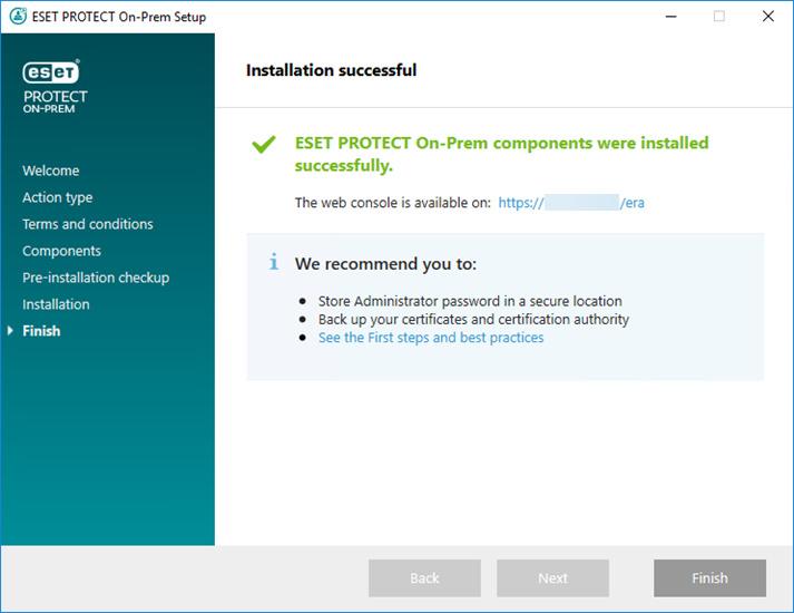 در نهایت با پنجره نصب موفقیت آمیز مواجه می شوید. ( پیش از آن نصب wincap driver نیز نمایش داده می شود که تنها نیاز به تایید دارد.)
آدرسی که در پنجره ظاهر می شود آدرس دسترسی شما به کنسول مدیریتی تحت وب است.