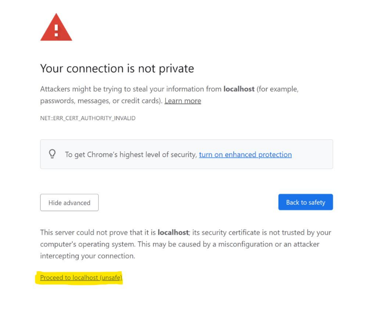 بعد از باز کردن آدرس برای نخستین بار در مرورگر با خطای نامعتبر بودن certificate مواجه می شوید. از انجا که نصب یک سرتیفکیت محلی ساخته این خطا طبیعی است با انتخاب گزینه proceed روند را ادامه دهید تا پنجره ورود به کنسول نمایش داده شود.