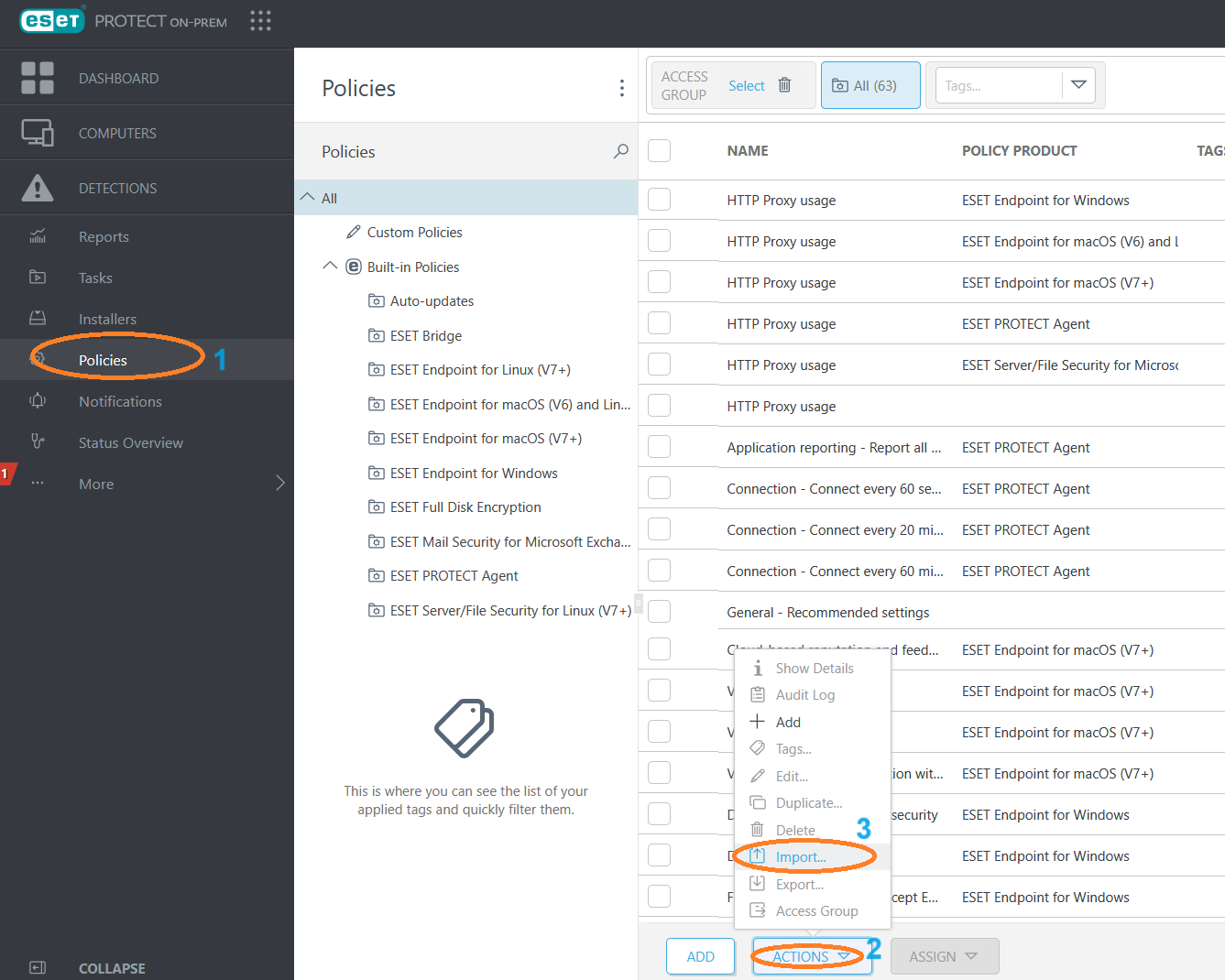 بعد از اجرای تسک، وارد بخش policies شوید، گزینه action را انتخاب کرده و سپس import را کلیک کنید.