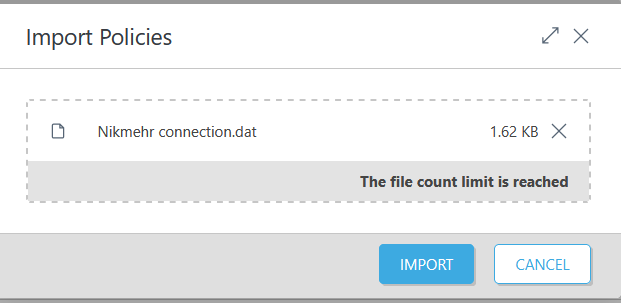 فایل پالسی connection را که از بخش بالا دریافت کردید را انتخاب کرده و دکمه import را کلیک کنید.