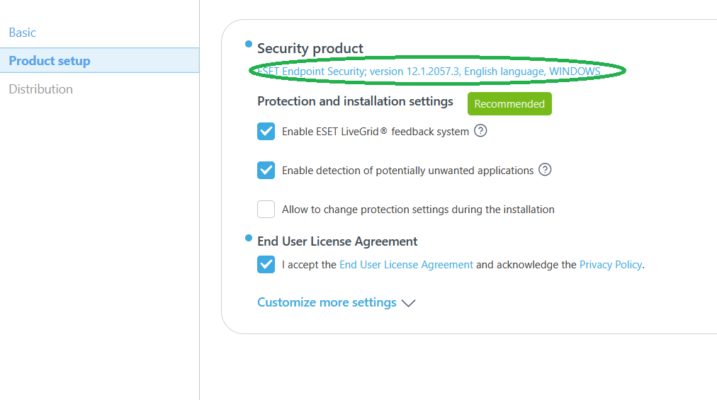 با کلیک بر روی security product می توانید آنتی مورد نظر خود را انتخاب کنید. چنانچه قرار است پکیج بر روی ویندوز های معمولی نصب شود نسخه های endpoint را انتخاب کنید.چنانچه قرار است بر روی ویندوز سرور نصب شوید eset server security را انتخاب کنید.سپس گزینه continue را کلیک کنید.