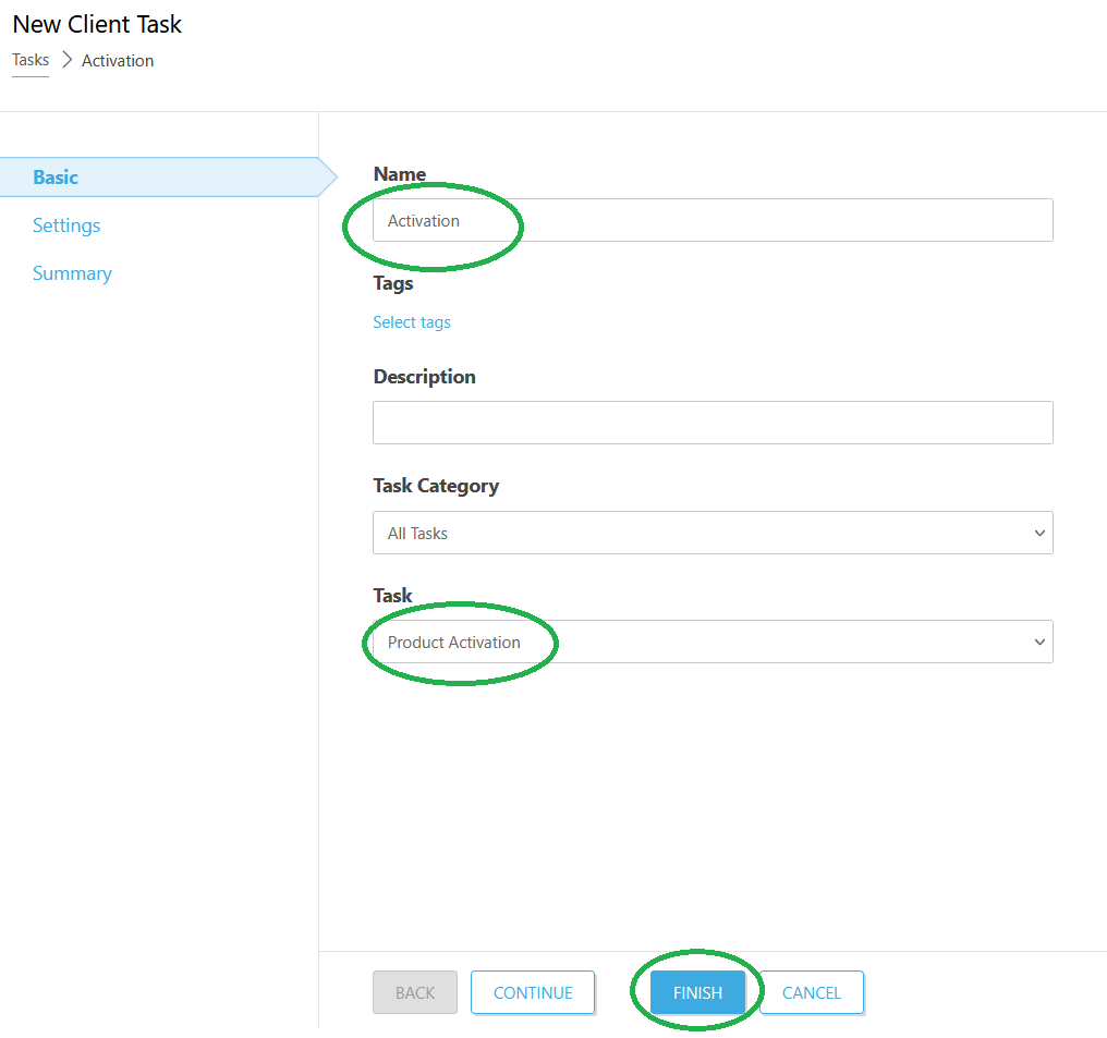 ابتدا یک نام دلخواه در قسمت name برای تسک مورد نظر تعیین کنید سپس از بخش task گزینه product activation را انتخاب کنید.سپس گزینه finish را کلیک کنید. توجه بفرمایید وارد سازی یک لایسنس در کنسول قبل ایجاد این تسک ضروری است.