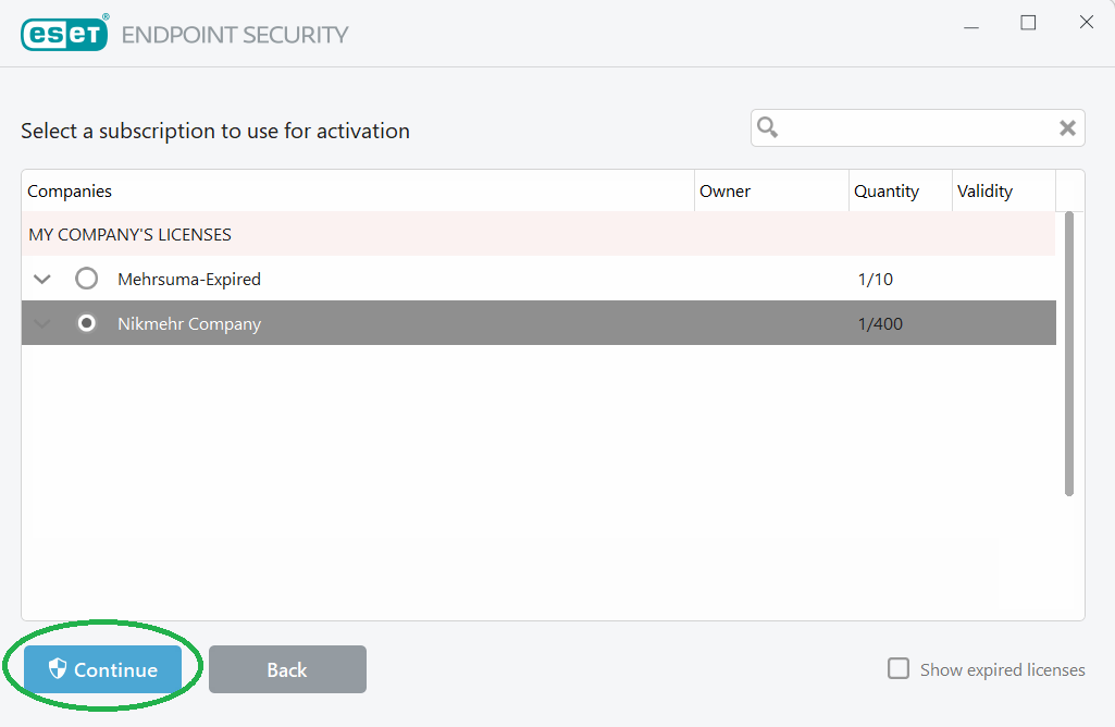 پس از ورود موفق به حساب لیست لایسنس های متصل به آن نمایش داده می شود. لایسنس مورد نظر خود را انتخاب کرده و گزینه continue را کلیک کنید.در این قسمت تعداد کاربر و تاریخ انقضا لایسنس نیز نمایش داده می شود.