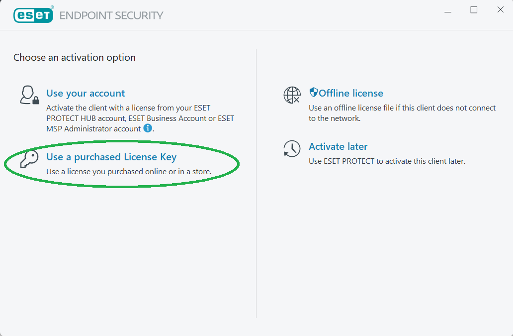 گزینه فعال سازی با کلید لایسنس(Use a purchased license key) را انتخاب کنید . سپس با وارد سازی کد 20 حرفی لایسنس خود اقدام به فعال سازی کنید. در صورت مواجه شدن با خطا با پشتیبانی تماس بگیرید.