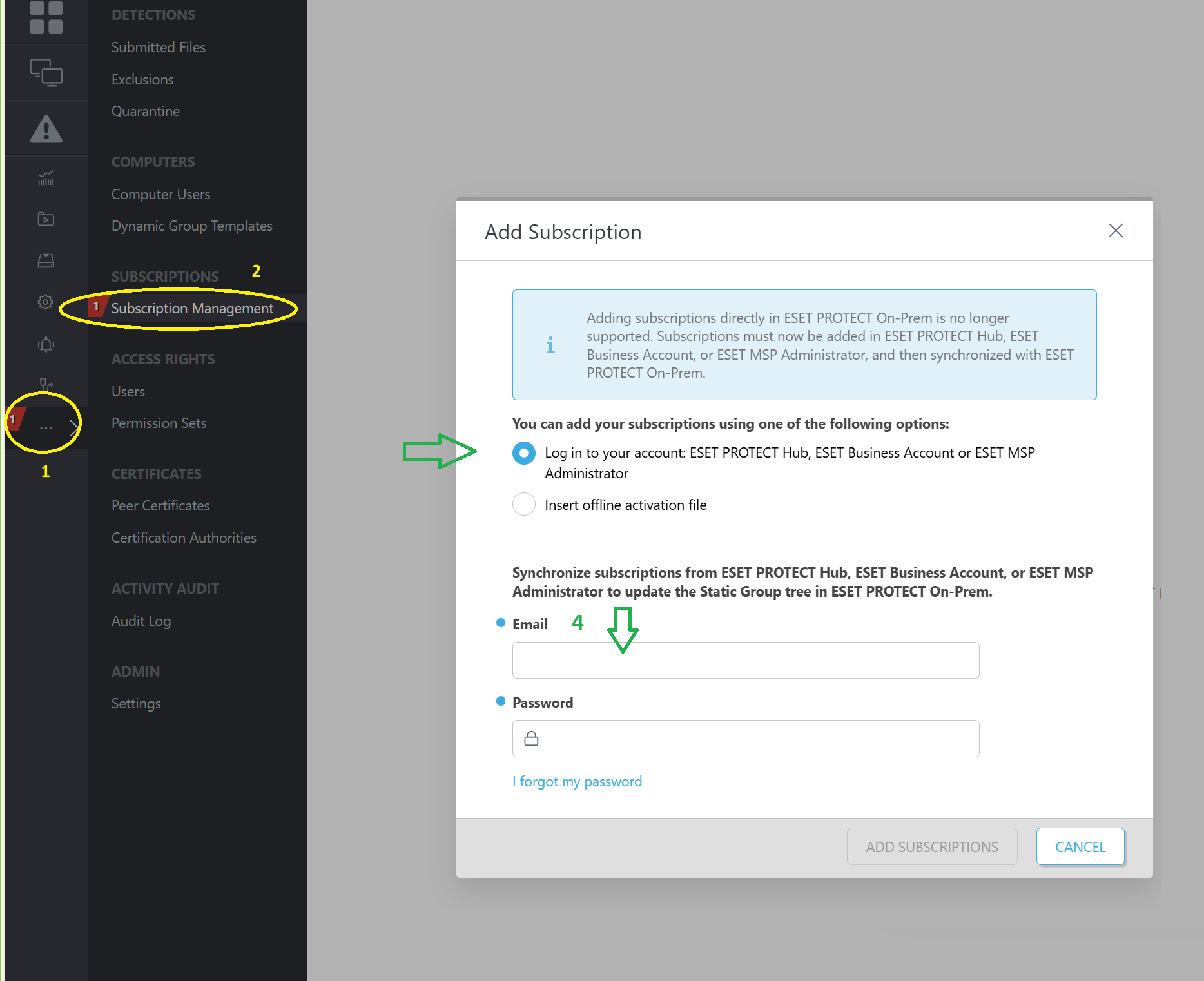 در منو از بخش more وارد بخش Subscription Management شوید.add را کلیک کنید. سپس در پنجره باز شده با وارد سازی ایمیل و پسورد پنل هاب لیست لایسنس ها را دریافت کنید.همچنین می توانید از ایمیل و پسورد ساخته شده با زدن گزینه اعطا دسترسی نیز استفاده کنید. توجه بفرمایید در بخش تنظیمات لایسنس نوع فعال سازی "ESET Business Account" تعیین شده باشد.این تنظیمات به صورت پیش فرض برای لایسنس های جدید تعیین شده. همچنین گزینه "فعال سازی تنها با دسترسی های ساخته شده"  اجازه دریافت کلیه لایسنس هایی که بر روی ایمیل اصلی شما قرار دارند را محدود می کند و فعال سازی لایسنس مورد نظر تنها در اختیار شخصی قرار میگیرد که از دسترسی ساخته شده استفاده می کند.