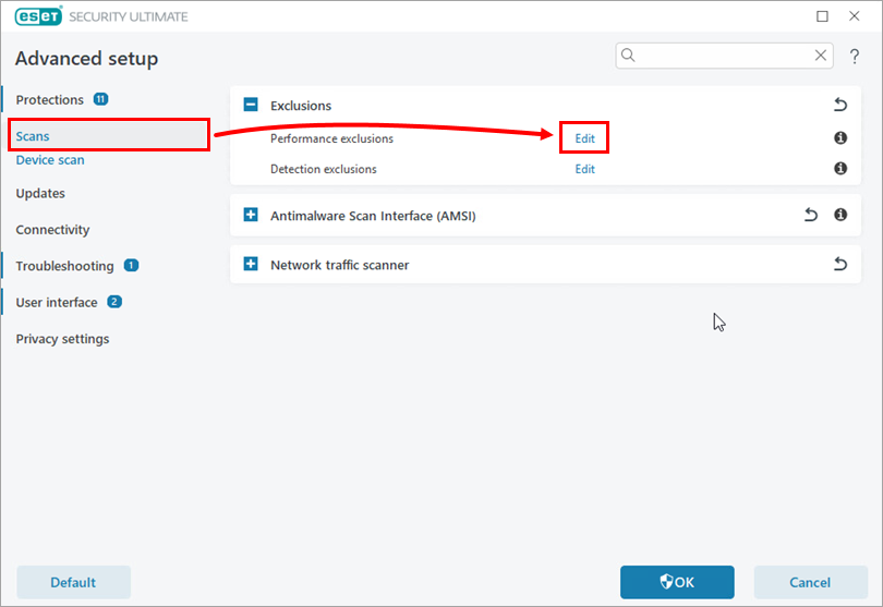 روی گزینه Scan کلیک کنید و در مقابل Performance Exclusions روی Edit کلیک کنید.