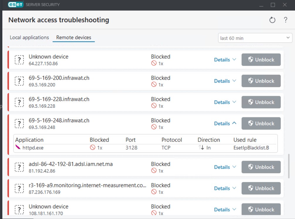 گزارش اتصالات مسدودشده — Network access troubleshooting در ESET Server Security